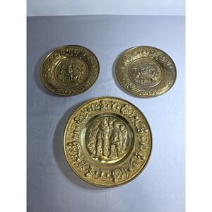 Vintage Set of 3 Embossed Brass Wall Plaques Tavern Medieval Scene Decor 10-13"
